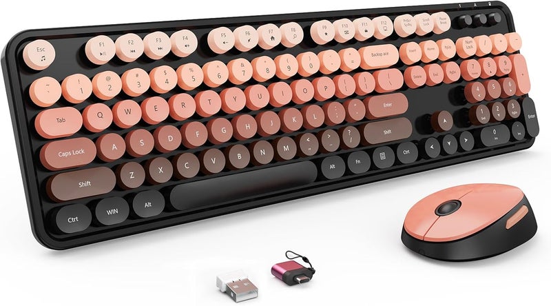 Nowlike Wireless Keyboard and Mouse Combo, Retro Typewriter Keyboard with Round Keycaps, Full-Size Ergonomic, Aurora Red, Ideal for Windows PC, Home, Office, and College - Image 1